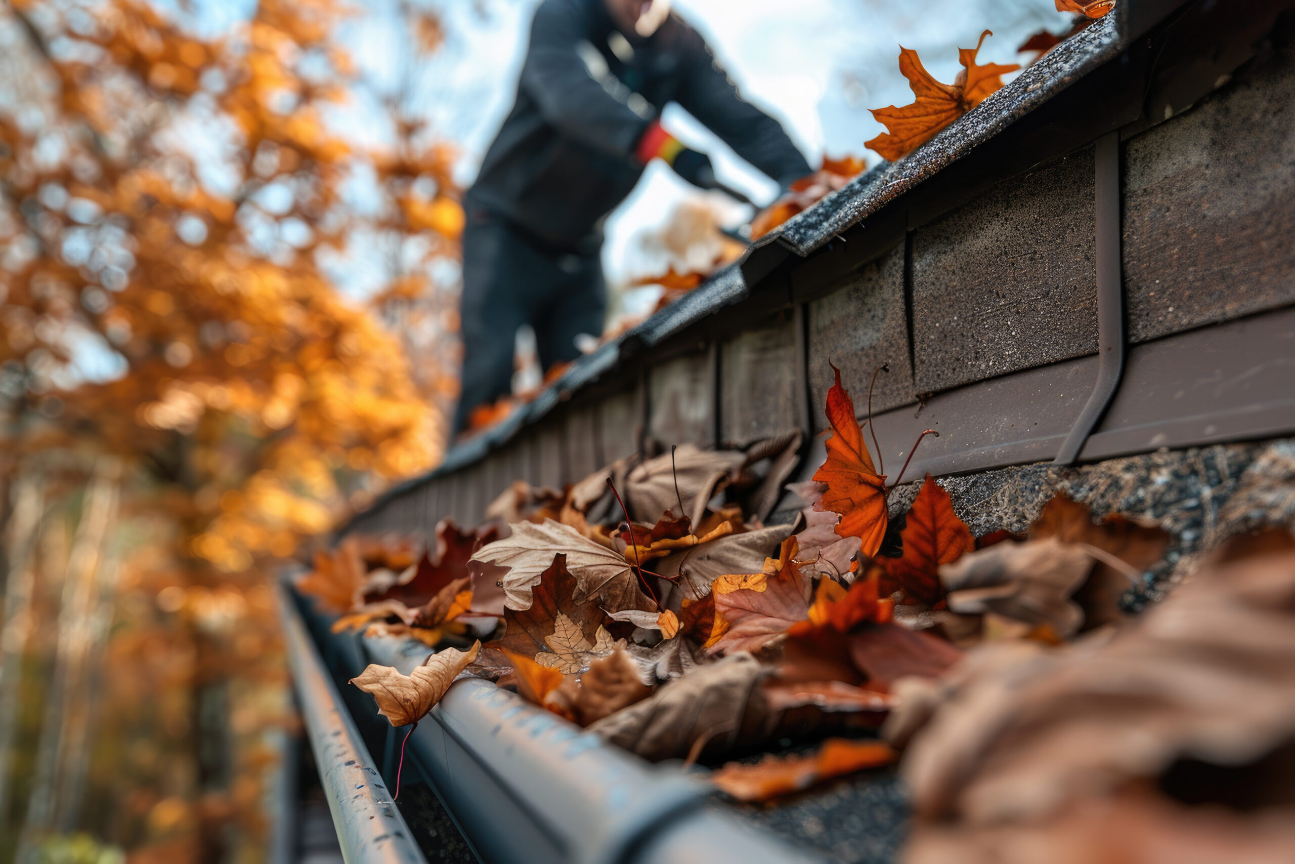 Cleaning the roof and gutters from fallen autumn leaves. A man c